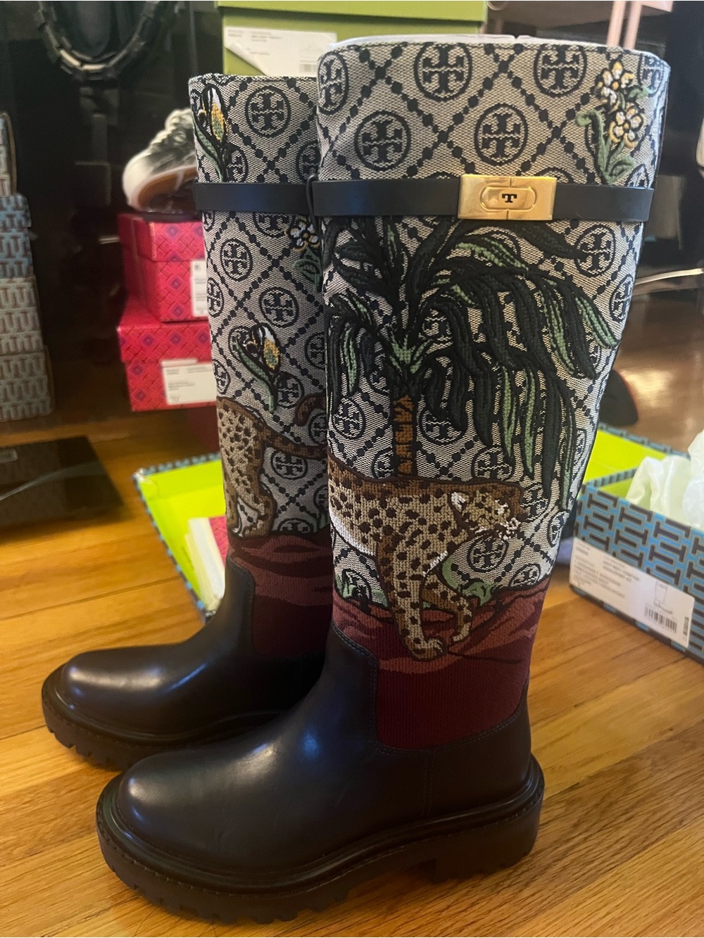 Tory Burch Tall Logo Jacquard T Hardware Embroidered Needlepoint Boot in Navy: 6